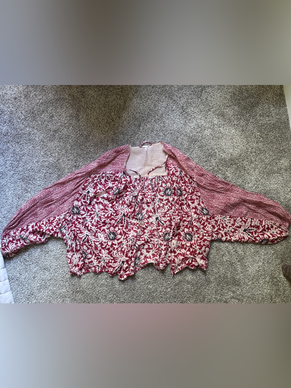 Free People Raspberry Floral Print blouse with open front and neckline tie